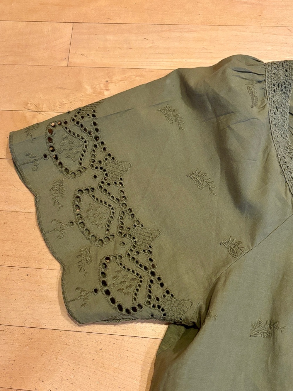 Lucky Brand Olive Green Eyelet & Embroidered Square-Neck Peasant Style Blouse - Picture 2 of 9